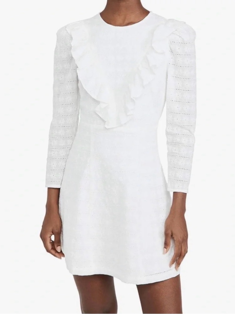 Likely White Ruffle-Front Long Sleeve Mini Dress